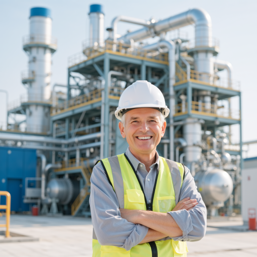 Forty five year old professional male executive wearing formal business shirt, standing in industrial facility with manufacturing equipment visible in background, experienced professional look